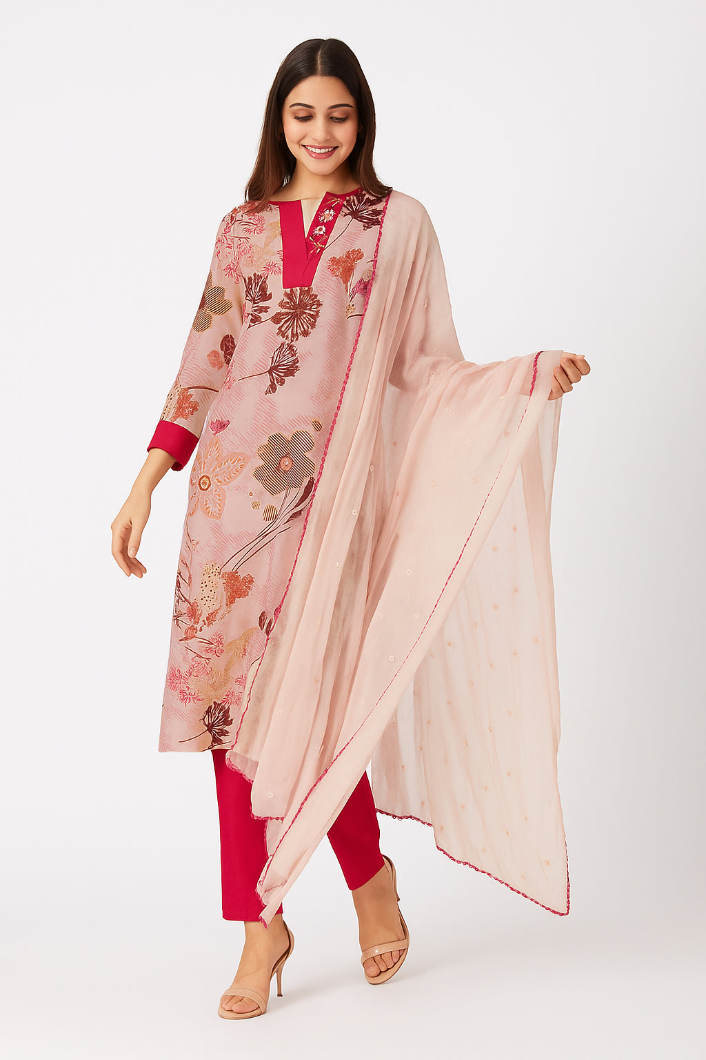 Baby Pink Salwar Suit in Viscose Slub Blend with Floral & Handwork Highlights