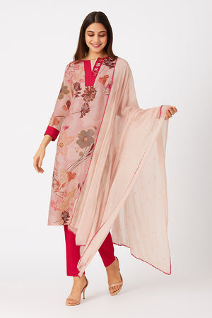 Baby Pink Salwar Suit in Viscose Slub Blend with Floral & Handwork Highlights