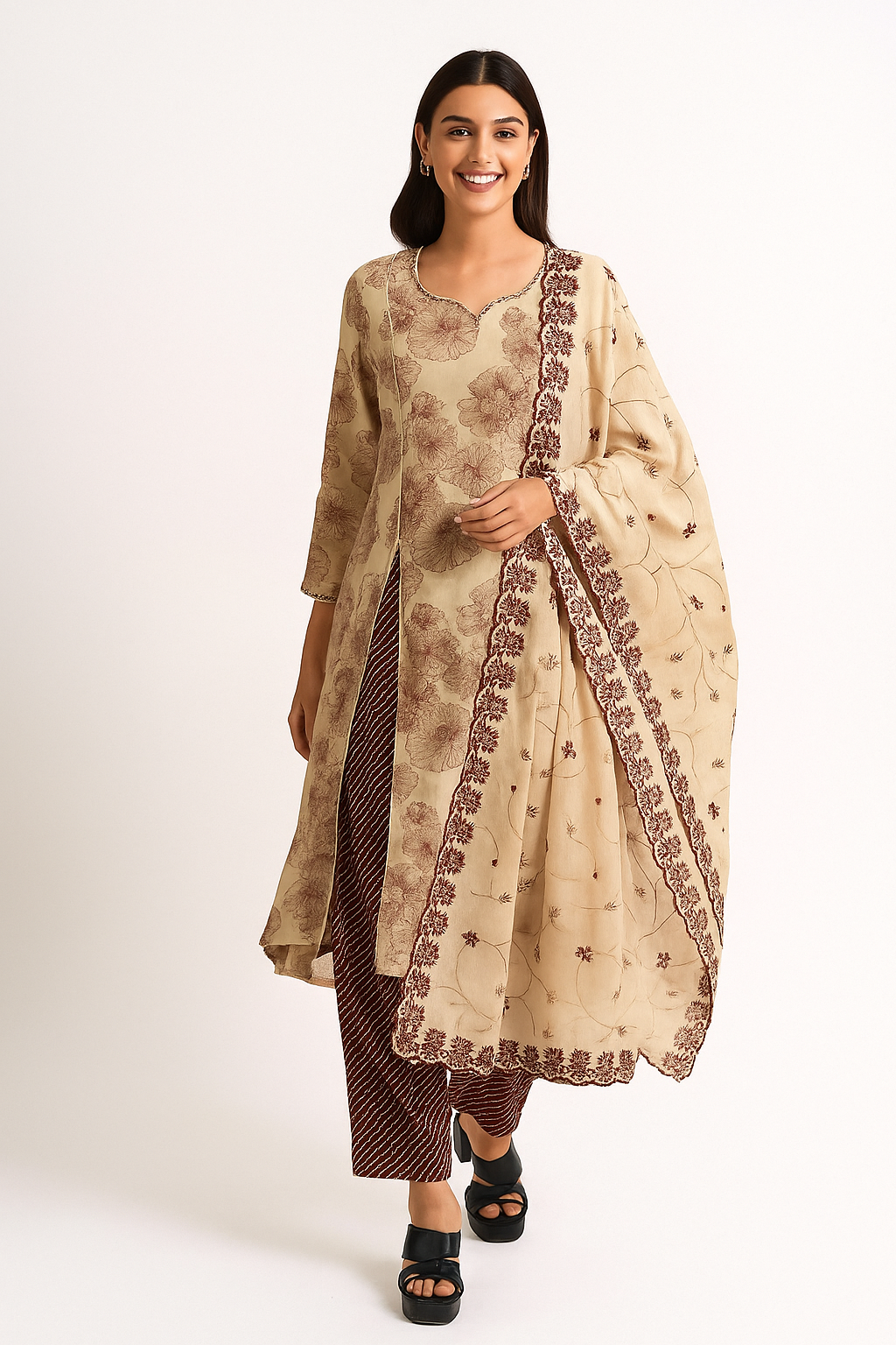 Designer Beige Pure Cotton Straight Suit with Subtle Floral Prints
