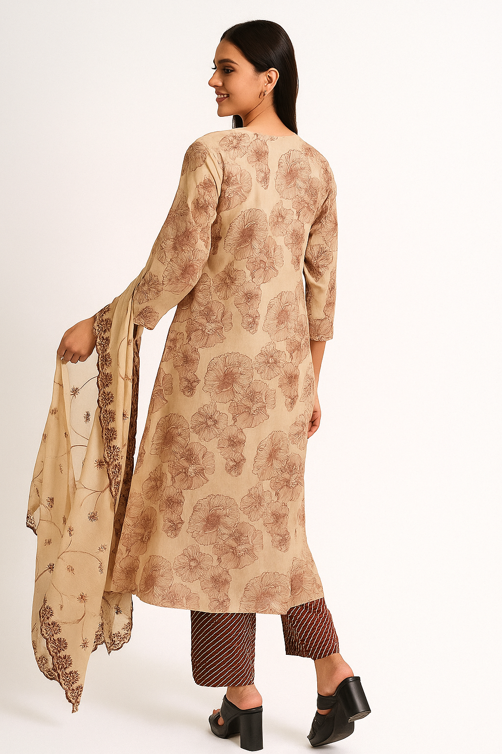 Designer Beige Pure Cotton Straight Suit with Subtle Floral Prints