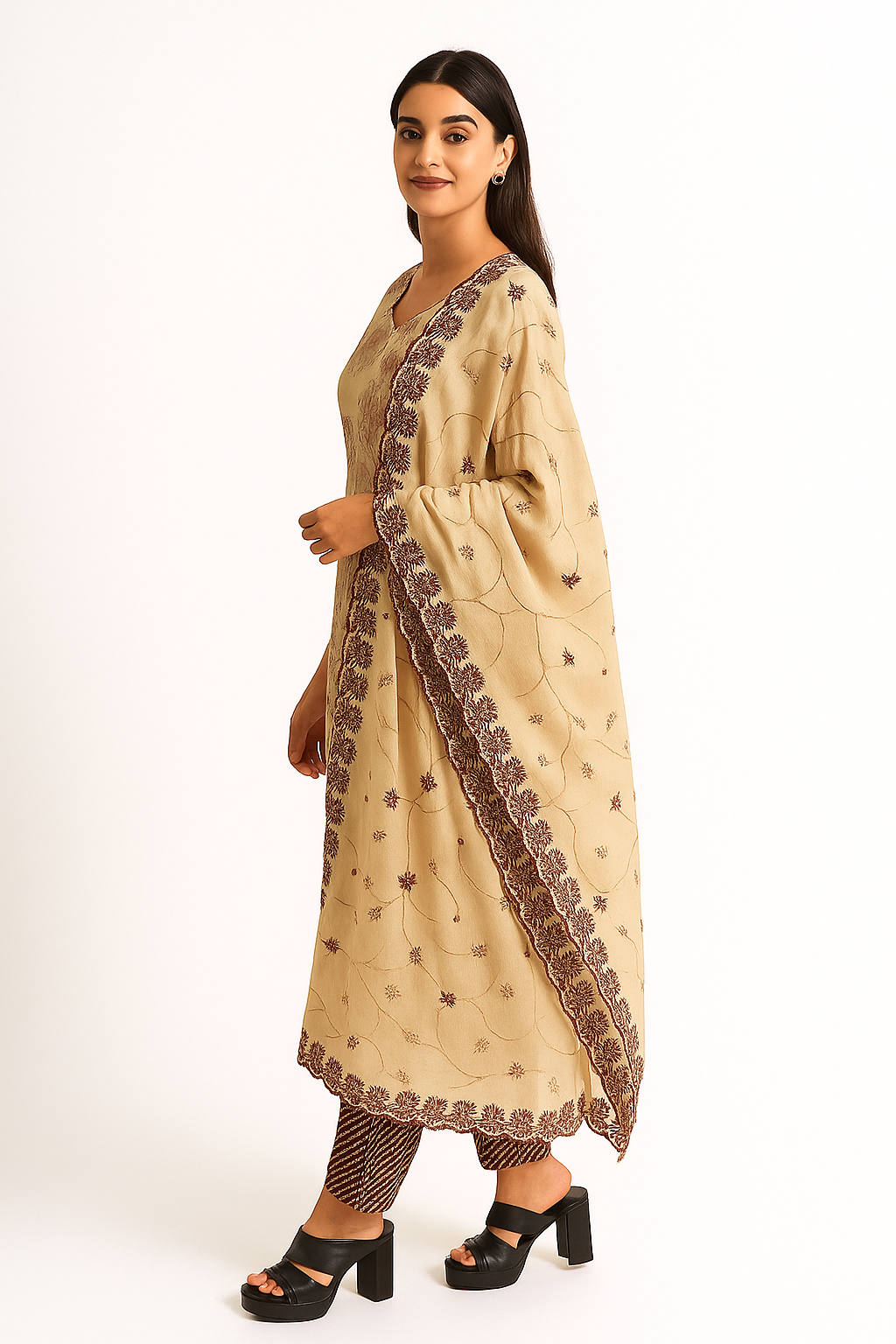Designer Beige Pure Cotton Straight Suit with Subtle Floral Prints