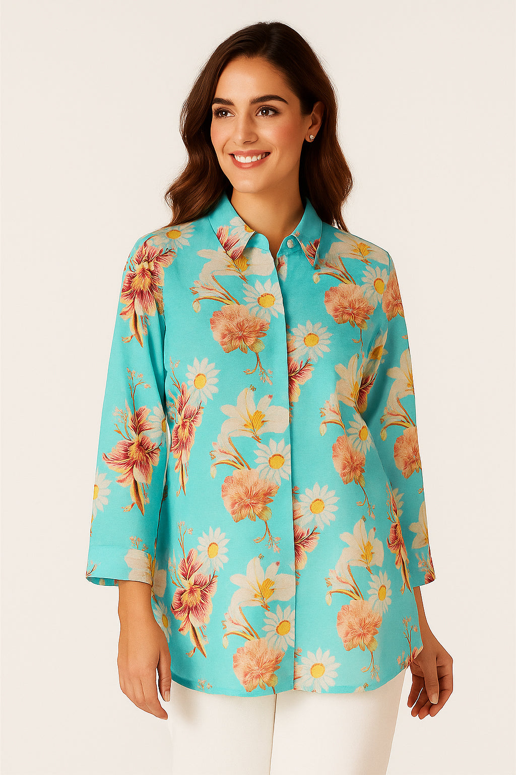 Lightweight Muslin Shirt Top in Turquoise Floral Design