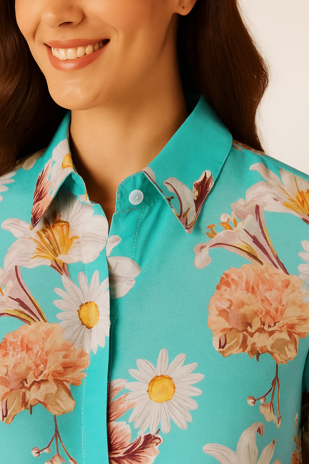 Lightweight Muslin Shirt Top in Turquoise Floral Design