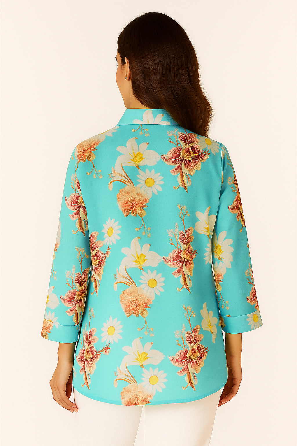 Lightweight Muslin Shirt Top in Turquoise Floral Design