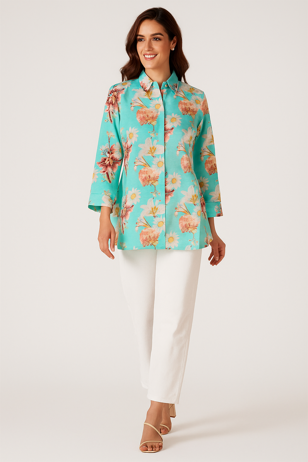Lightweight Muslin Shirt Top in Turquoise Floral Design