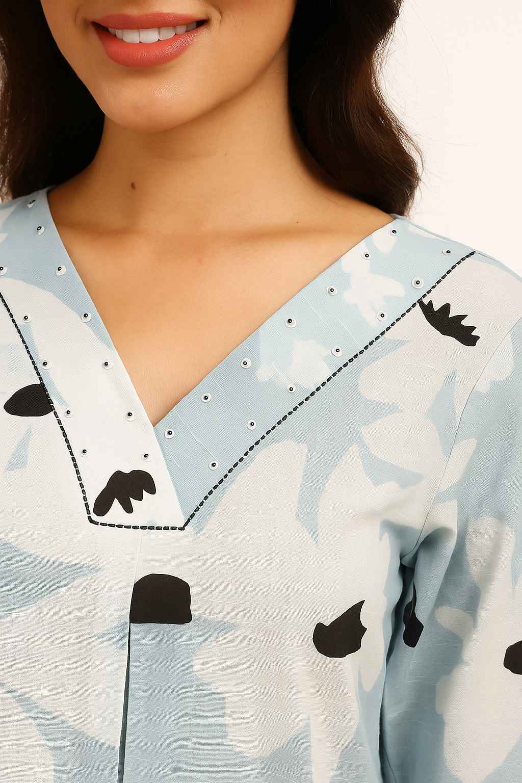 Powder Blue Floral Cotton A-Line Kurta with Matching Bottoms