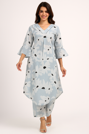 Powder Blue Floral Cotton A-Line Kurta with Matching Bottoms