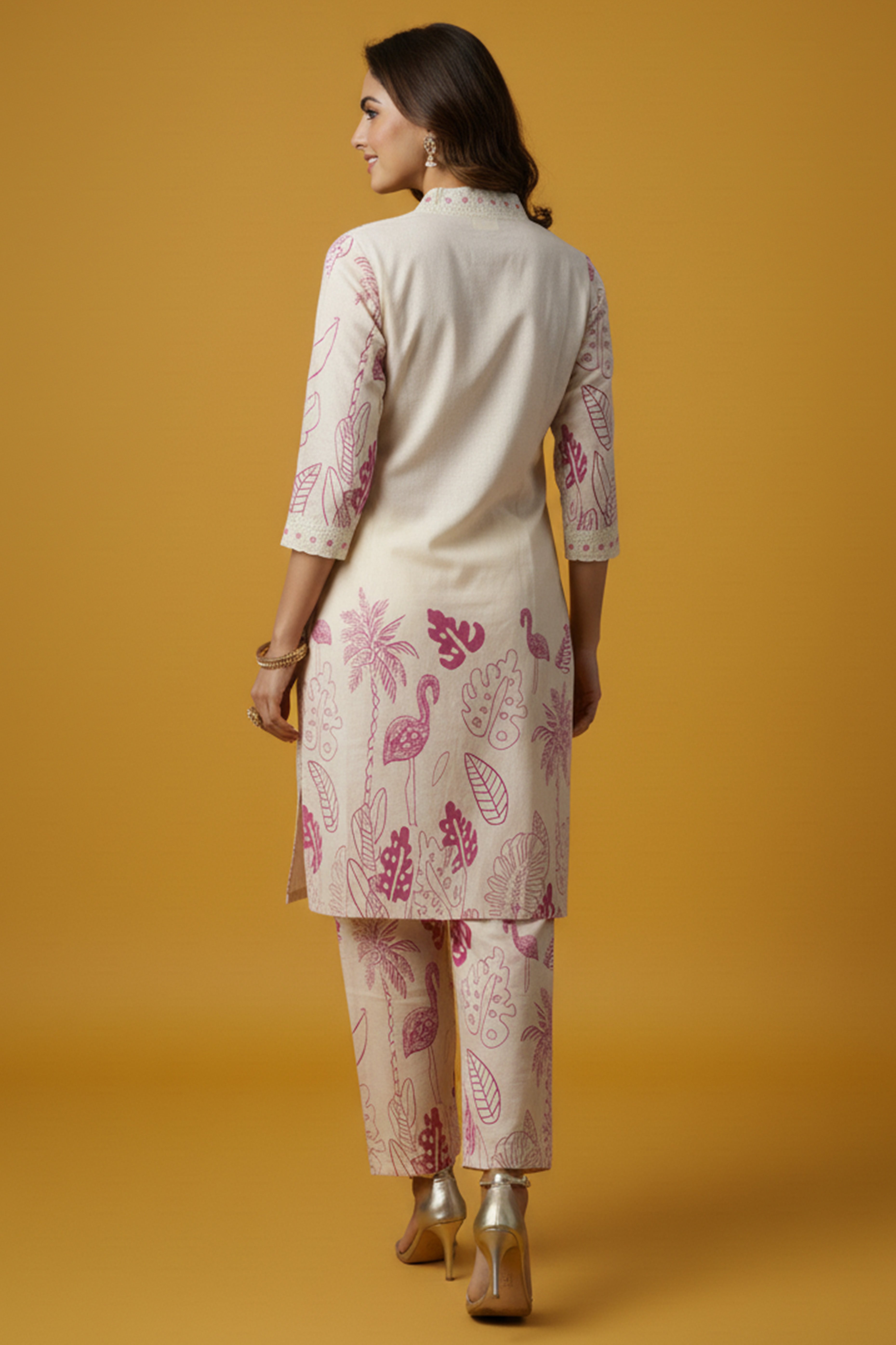 Off White Straight Co-ord in Cotton Flex with Floral Design