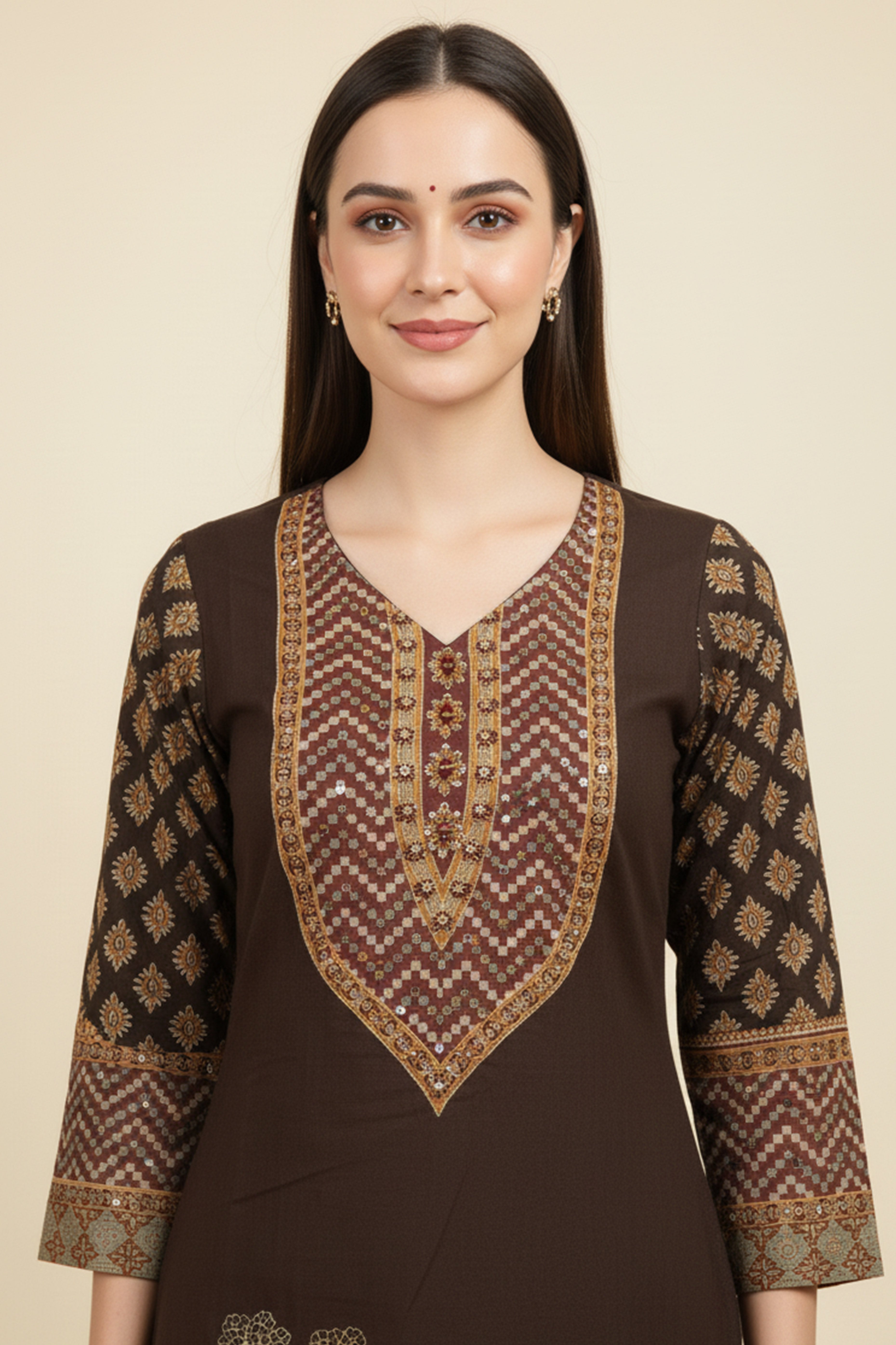 Brown Floral Printed Muslin Straight Salwar Suit with Handwork Detailing for Festive Wear