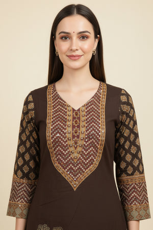 Brown Floral Printed Muslin Straight Salwar Suit with Handwork Detailing for Festive Wear