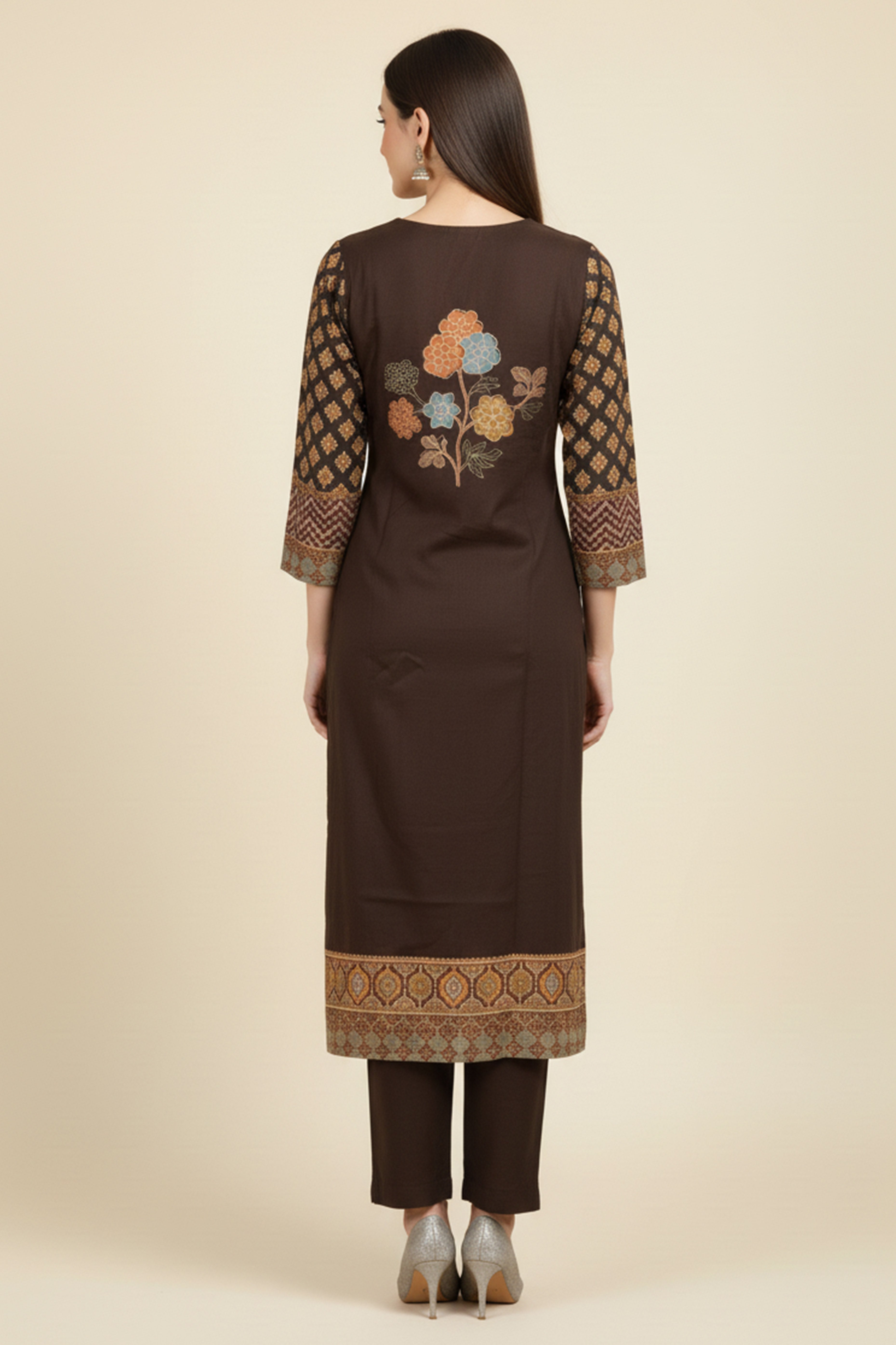 Brown Floral Printed Muslin Straight Salwar Suit with Handwork Detailing for Festive Wear