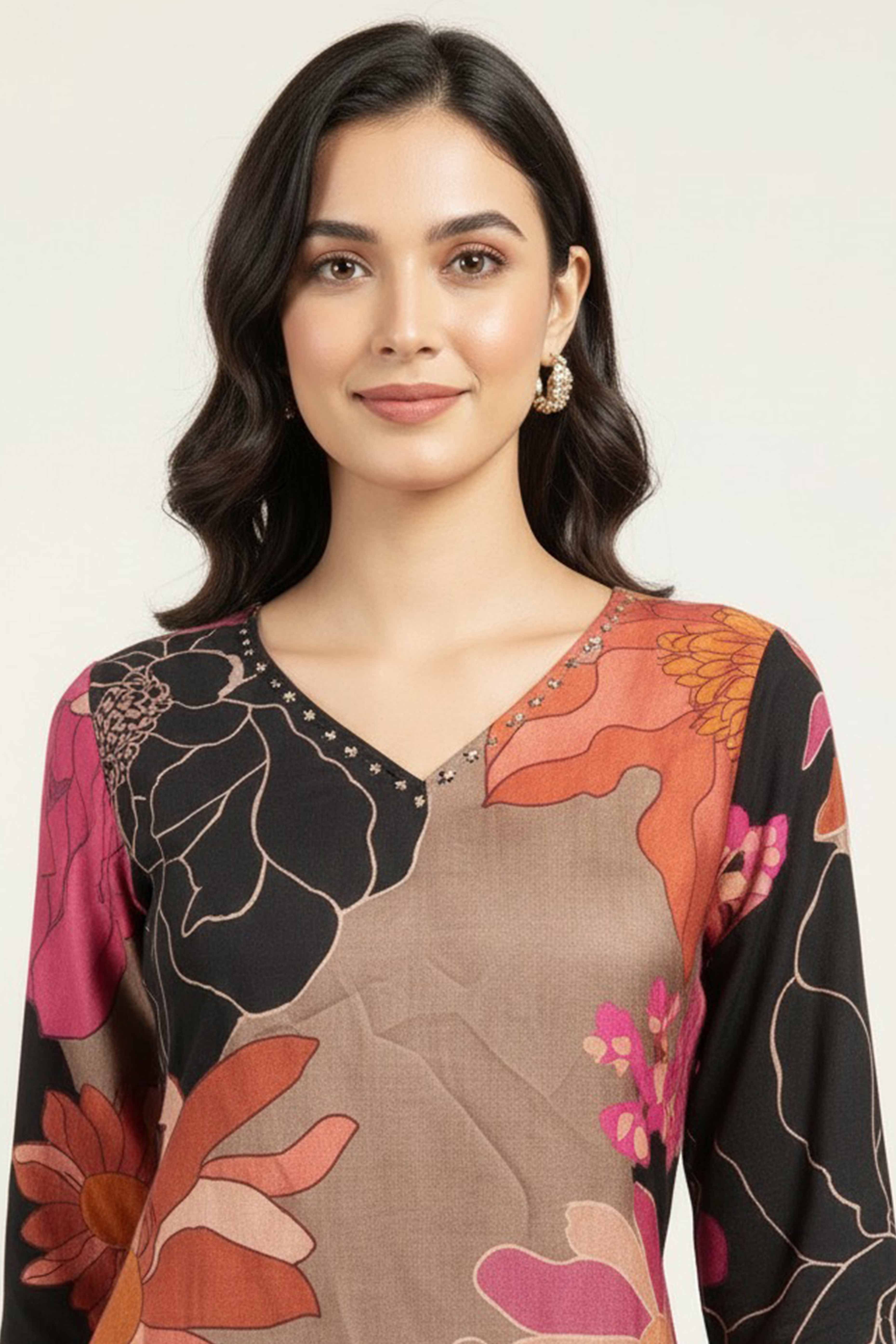Exclusive A-Line Muslin Top Bottom Set with Multicolor Floral Prints