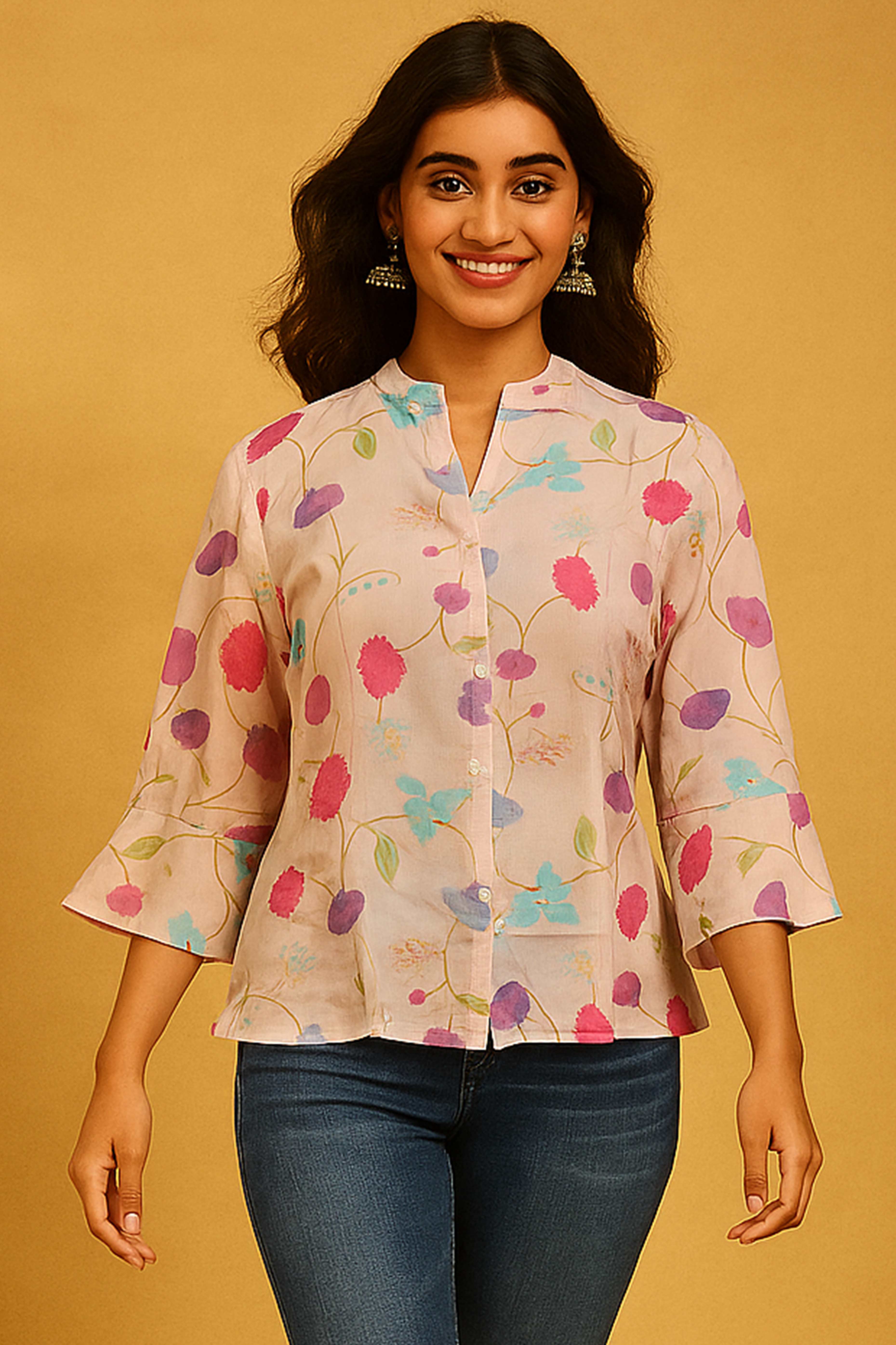 Casual Wear Baby Pink Muslin Shirt with Floral Pattern