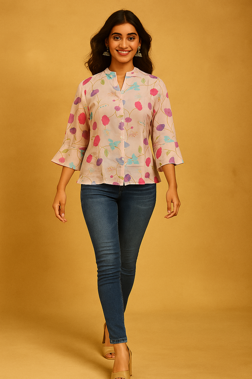 Casual Wear Baby Pink Muslin Shirt with Floral Pattern