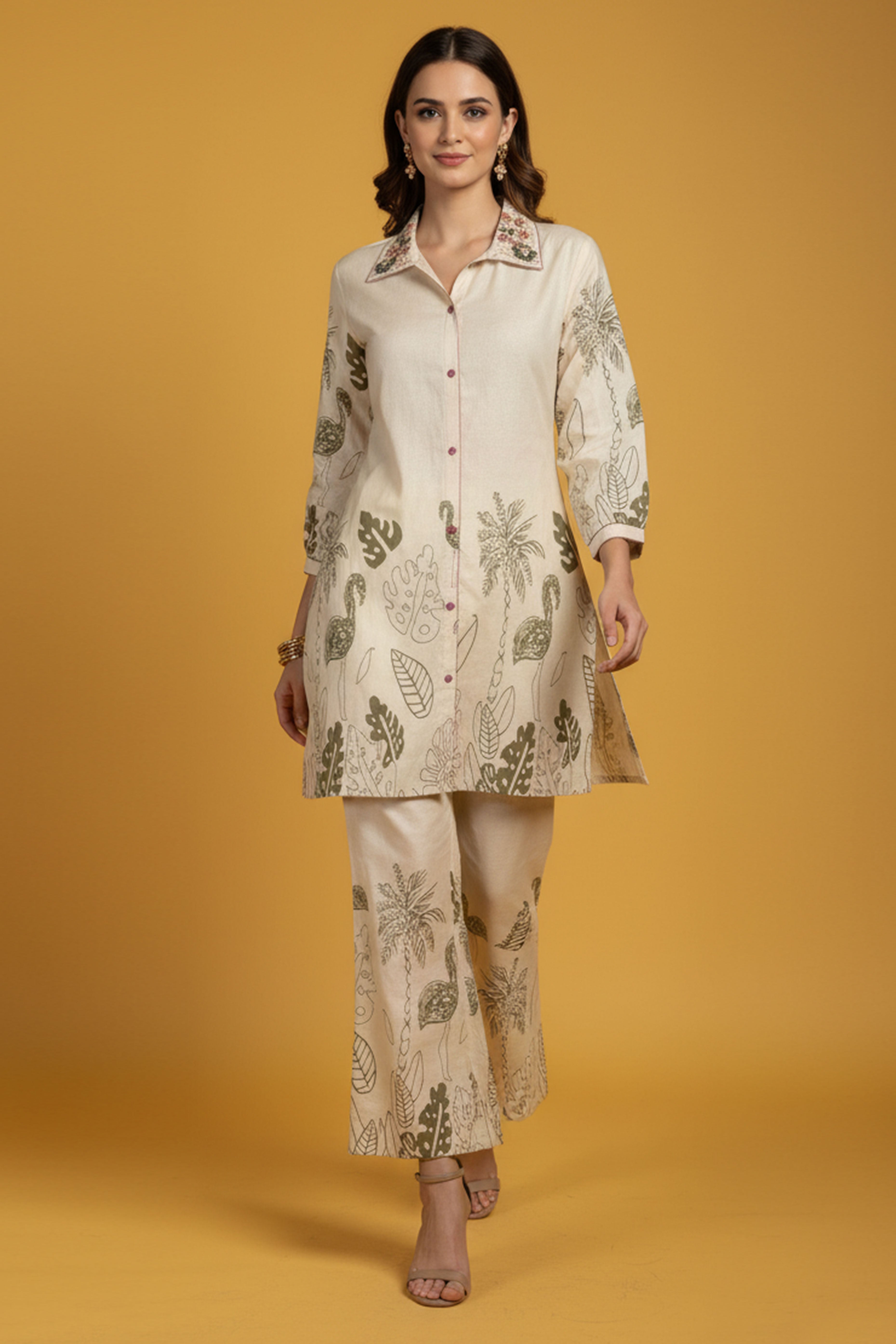 Off White Pure Cotton Flex Top Bottom Set with Floral Designs