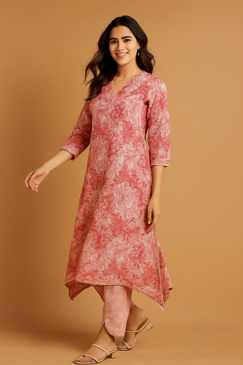 Pink Floral Printed Pure Cotton Two-Piece Set with Neck Embroidery