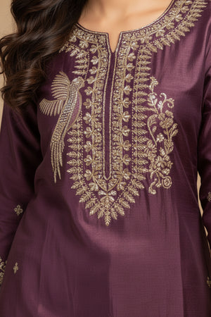 Shimmering Wine Co-ord Set in Viscose Blend with Embroidered Detailing