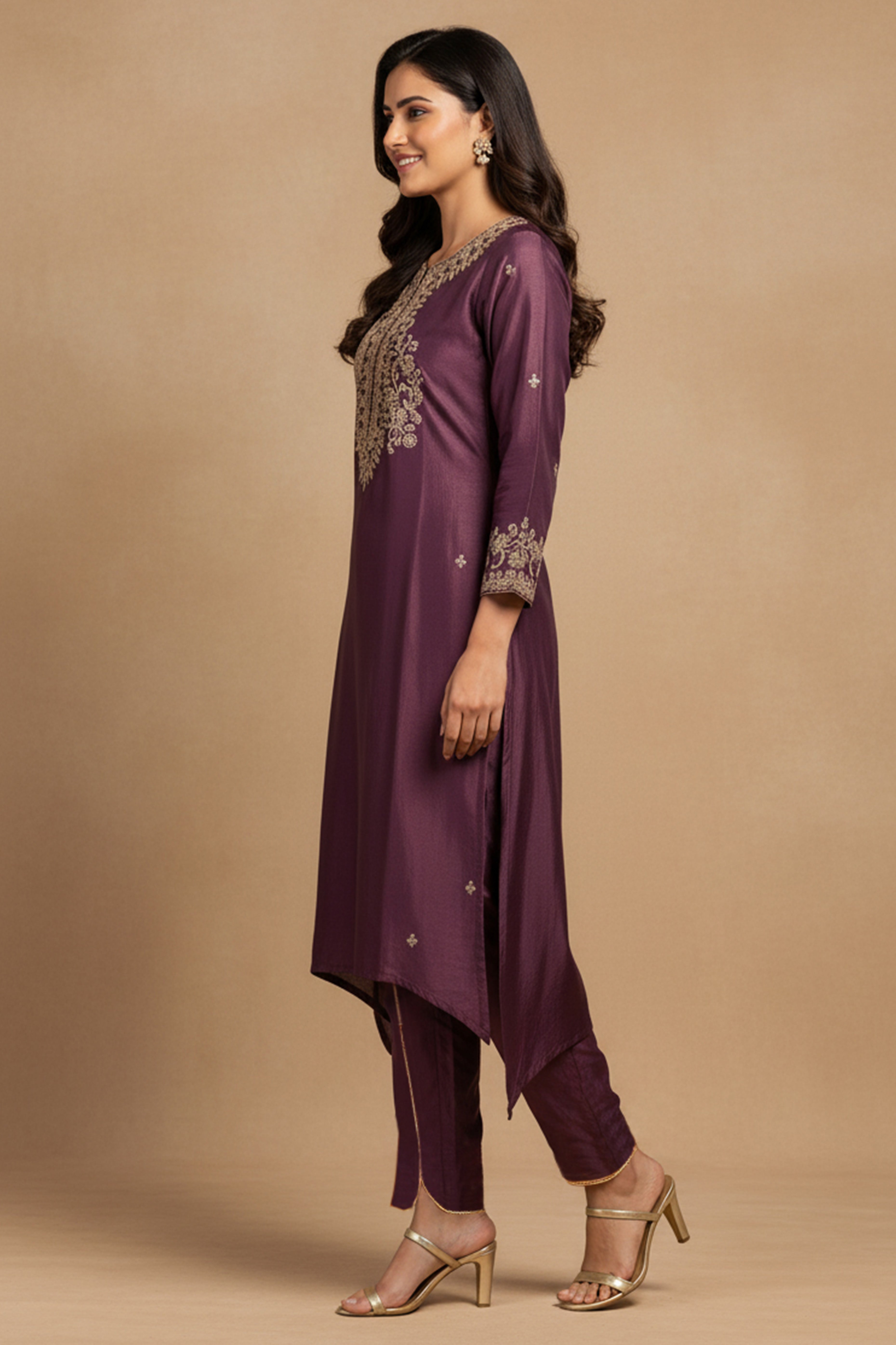 Shimmering Wine Co-ord Set in Viscose Blend with Embroidered Detailing