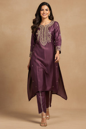 Shimmering Wine Co-ord Set in Viscose Blend with Embroidered Detailing