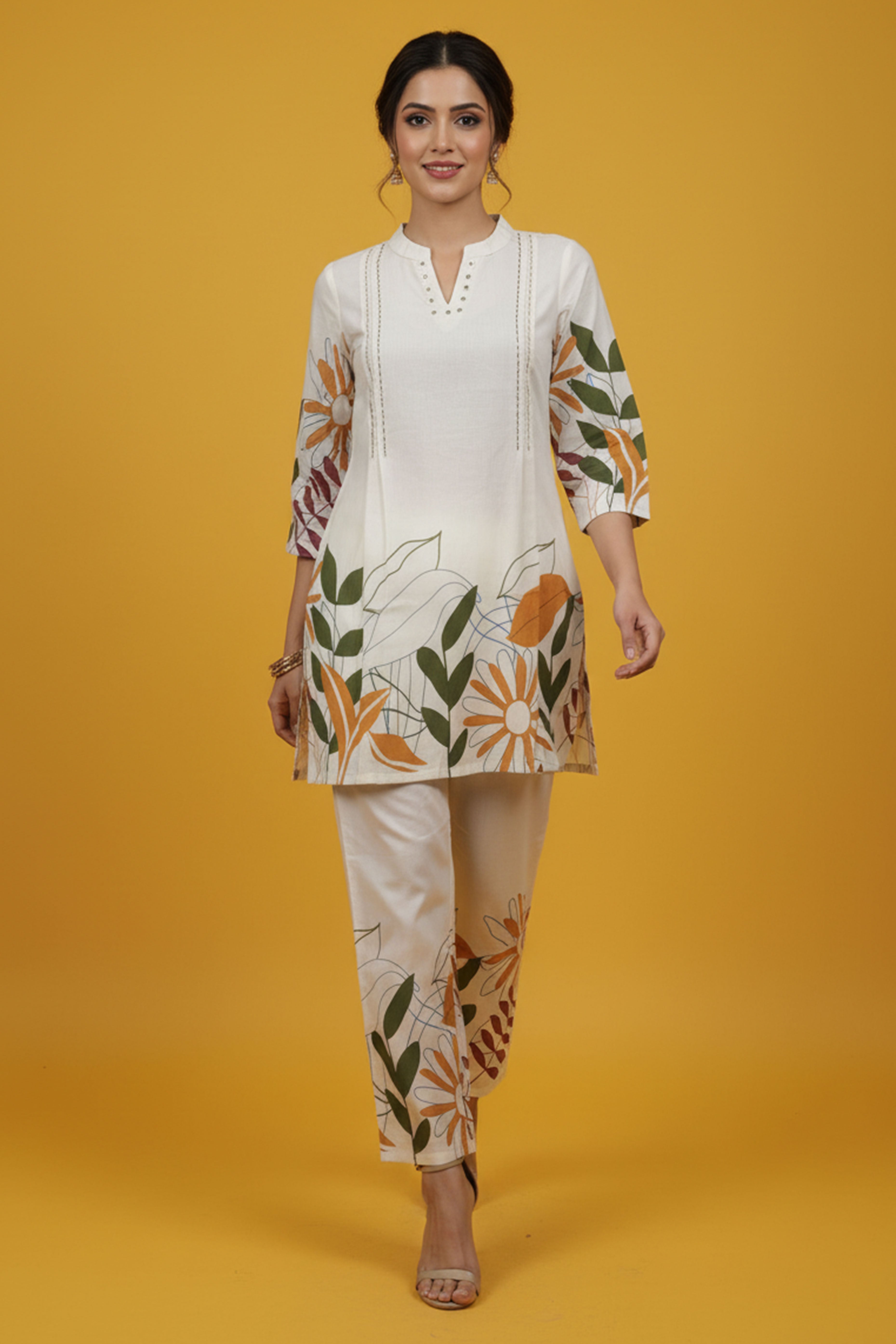 Chikoo Floral Printed Pure Cotton Suit Set Designed for Classic Party & Ethnic Wear