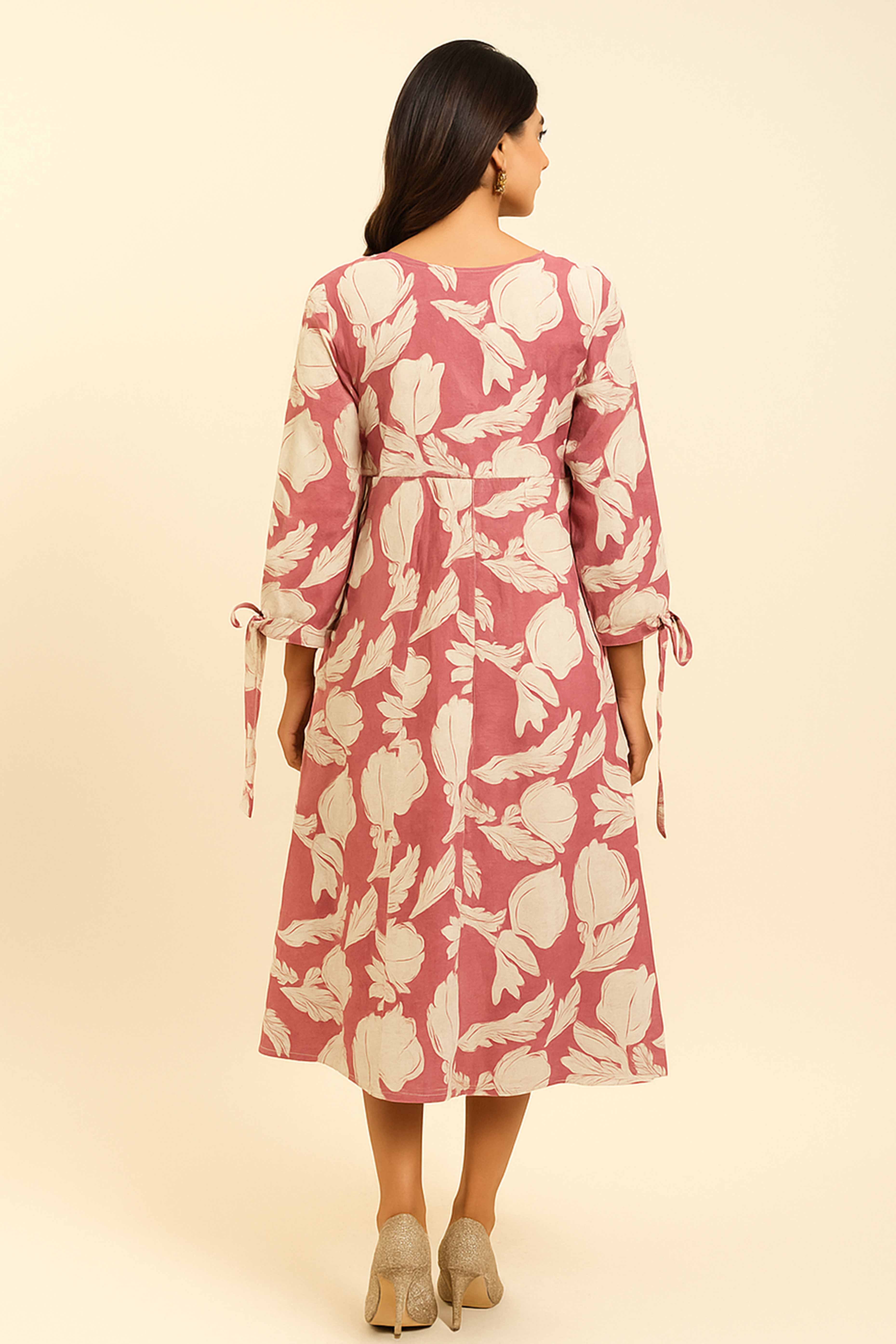 Chic Pink Pure Cotton Midi Dress with Delicate Floral Print
