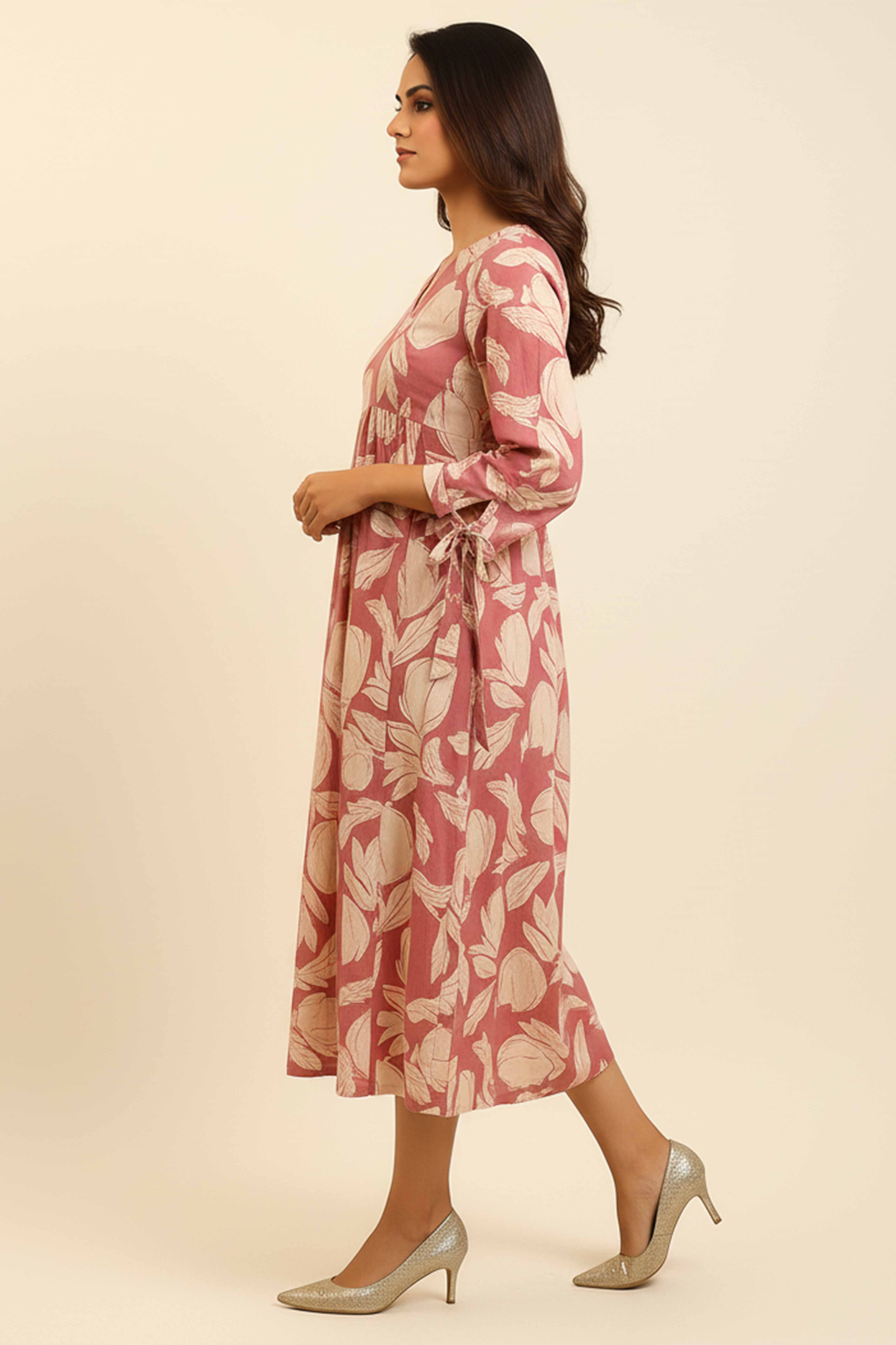 Chic Pink Pure Cotton Midi Dress with Delicate Floral Print