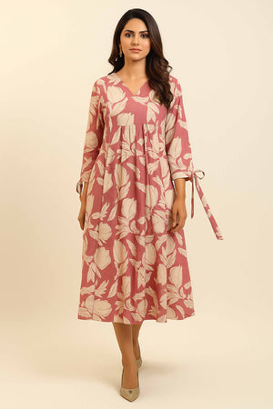 Chic Pink Pure Cotton Midi Dress with Delicate Floral Print