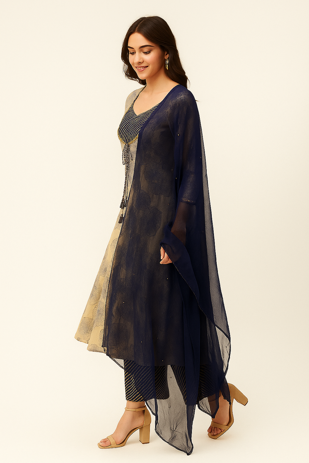 Off White Floral Printed Anarkali Suit in Premium Pure Cotton Fabric