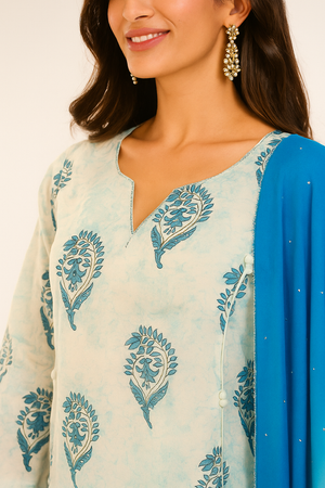 White Pure Cotton Straight Salwar Suit Enhanced with Block Print Detailing