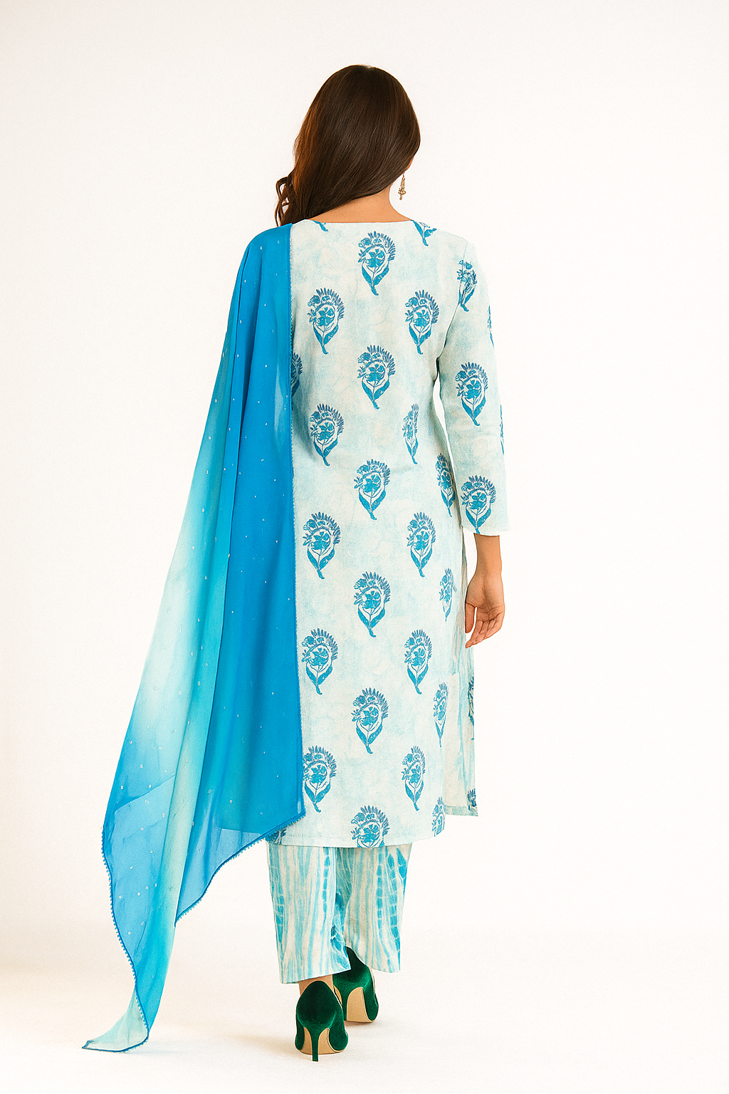 White Pure Cotton Straight Salwar Suit Enhanced with Block Print Detailing