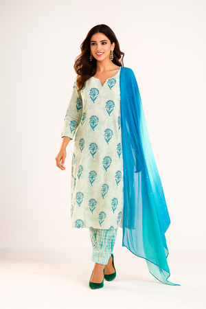 White Pure Cotton Straight Salwar Suit Enhanced with Block Print Detailing