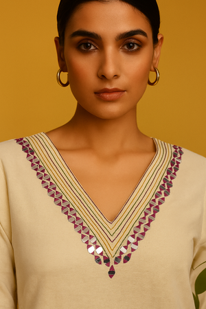 White Printed Cotton Top Bottom Set Ensemble with Mirror Embroidered Neckline