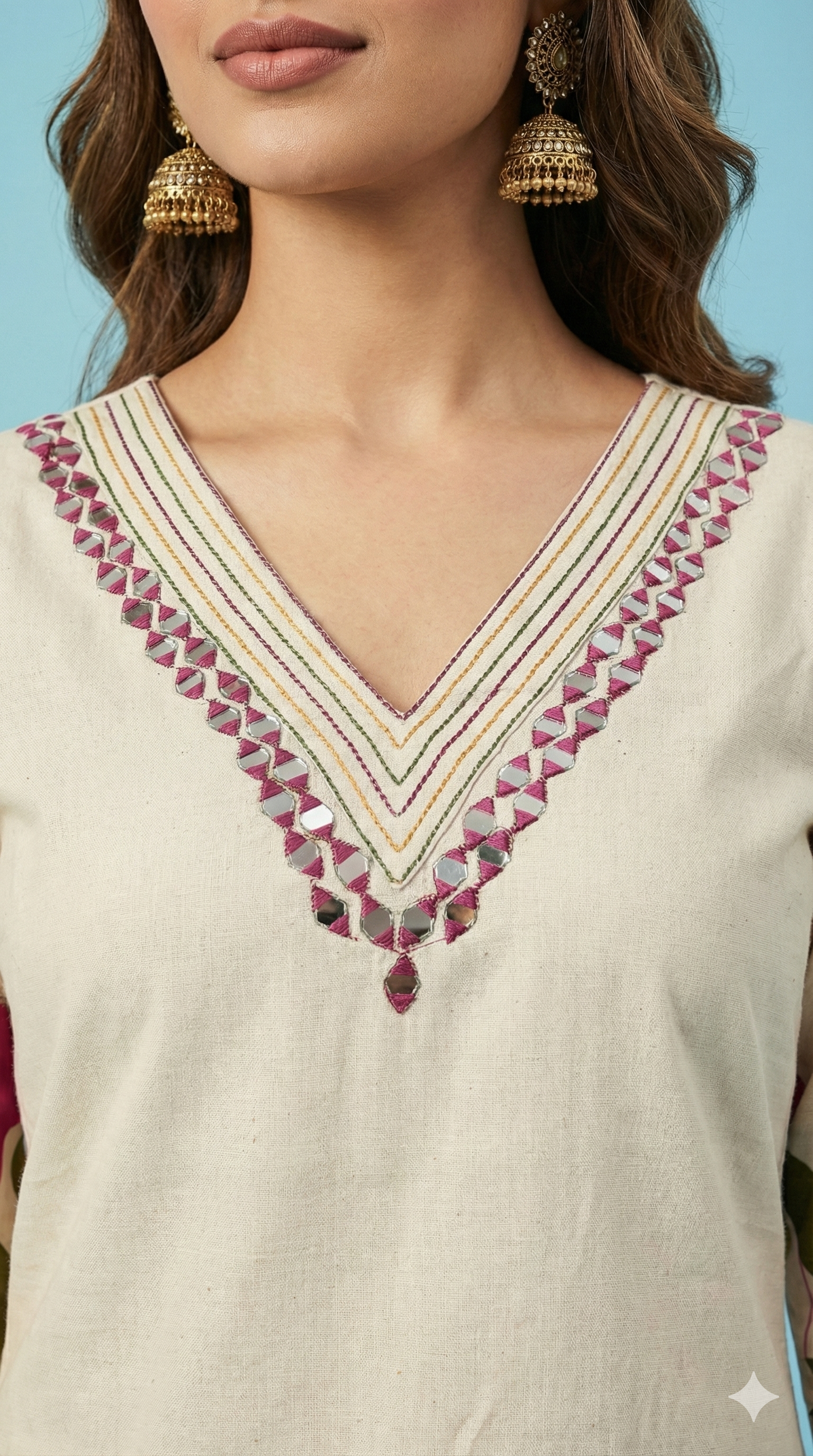 White Printed Cotton Top Bottom Set Ensemble with Mirror Embroidered Neckline