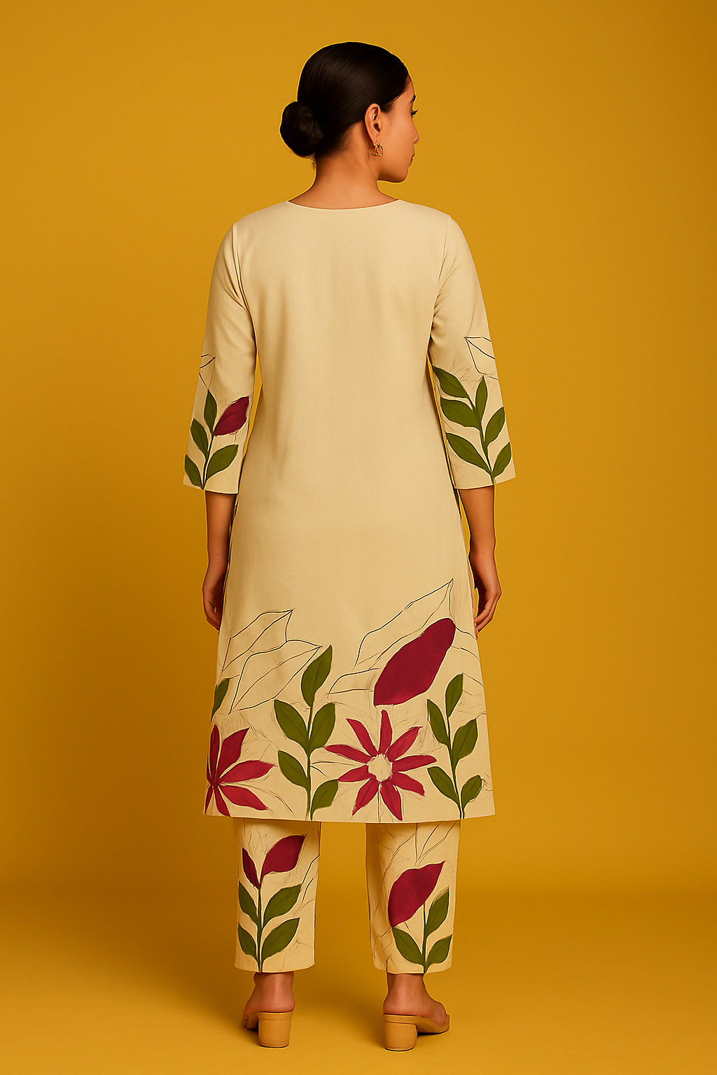 White Printed Cotton Top Bottom Set Ensemble with Mirror Embroidered Neckline