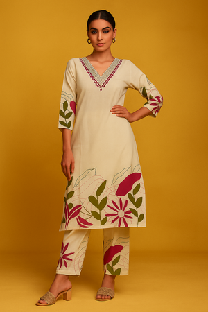 White Printed Cotton Top Bottom Set Ensemble with Mirror Embroidered Neckline