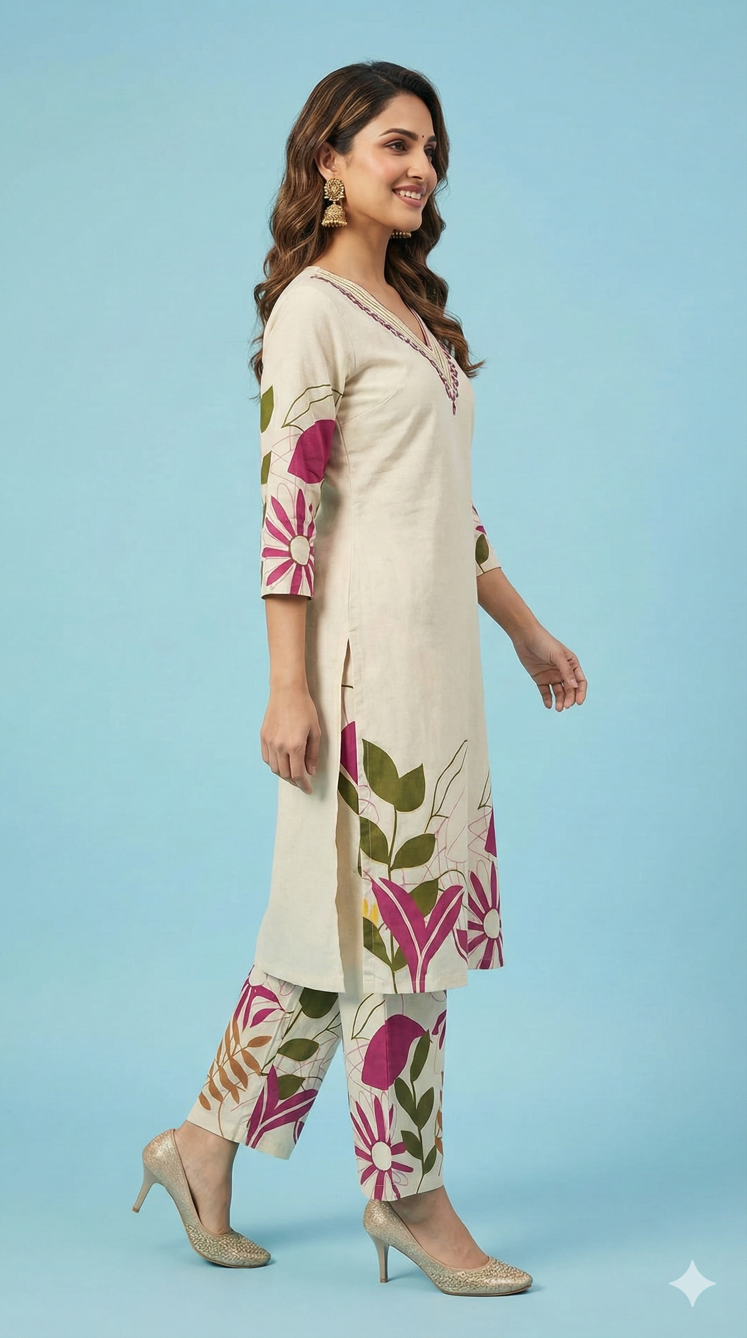 White Printed Cotton Top Bottom Set Ensemble with Mirror Embroidered Neckline