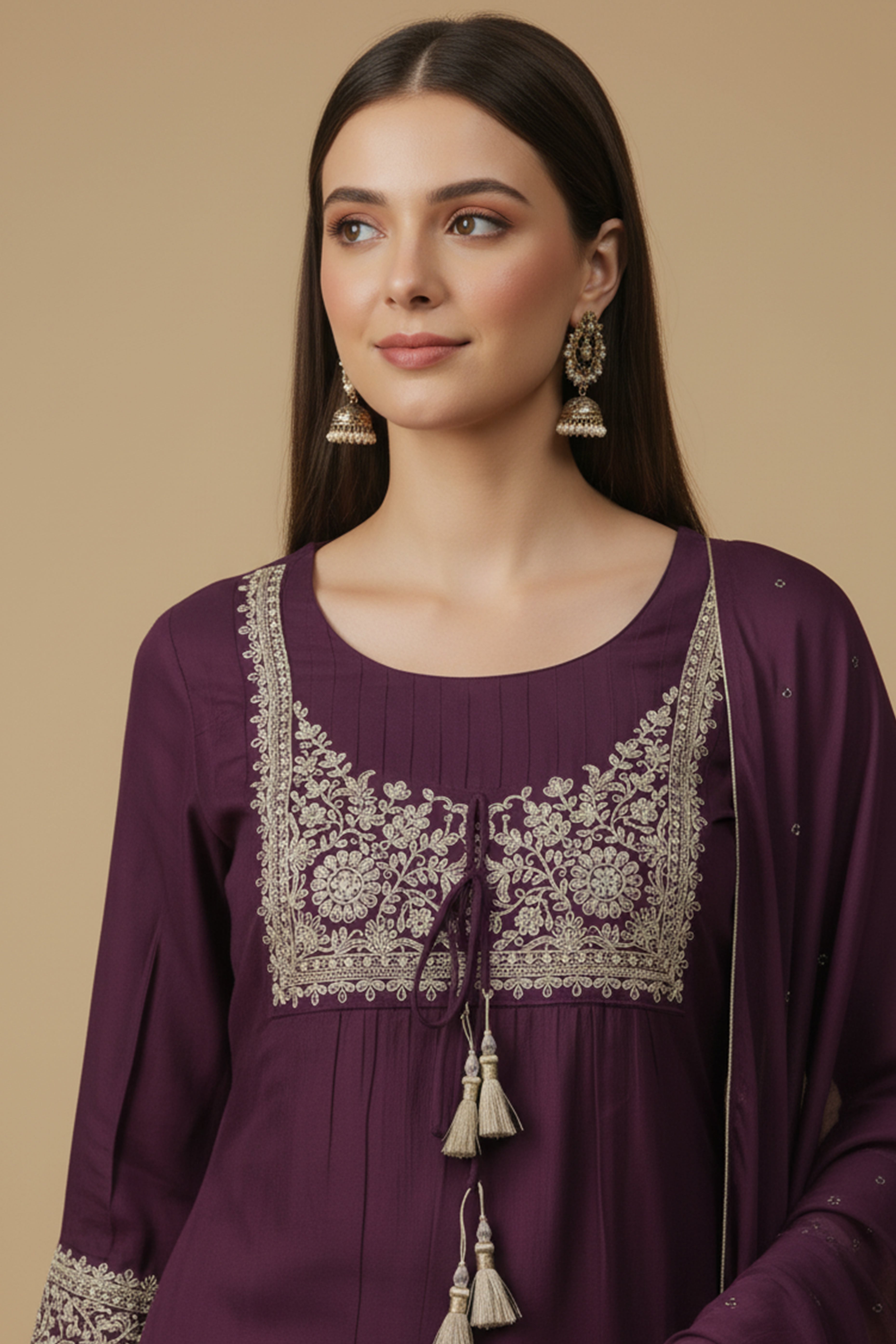 Wine Thread Embroidered Designer Chinon A-Line Salwar Suit