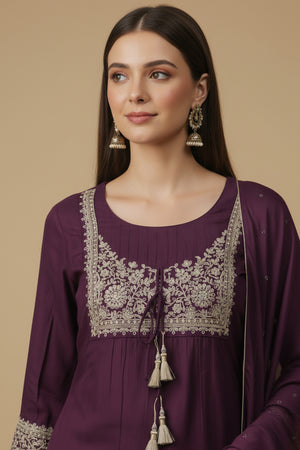 Wine Thread Embroidered Designer Chinon A-Line Salwar Suit
