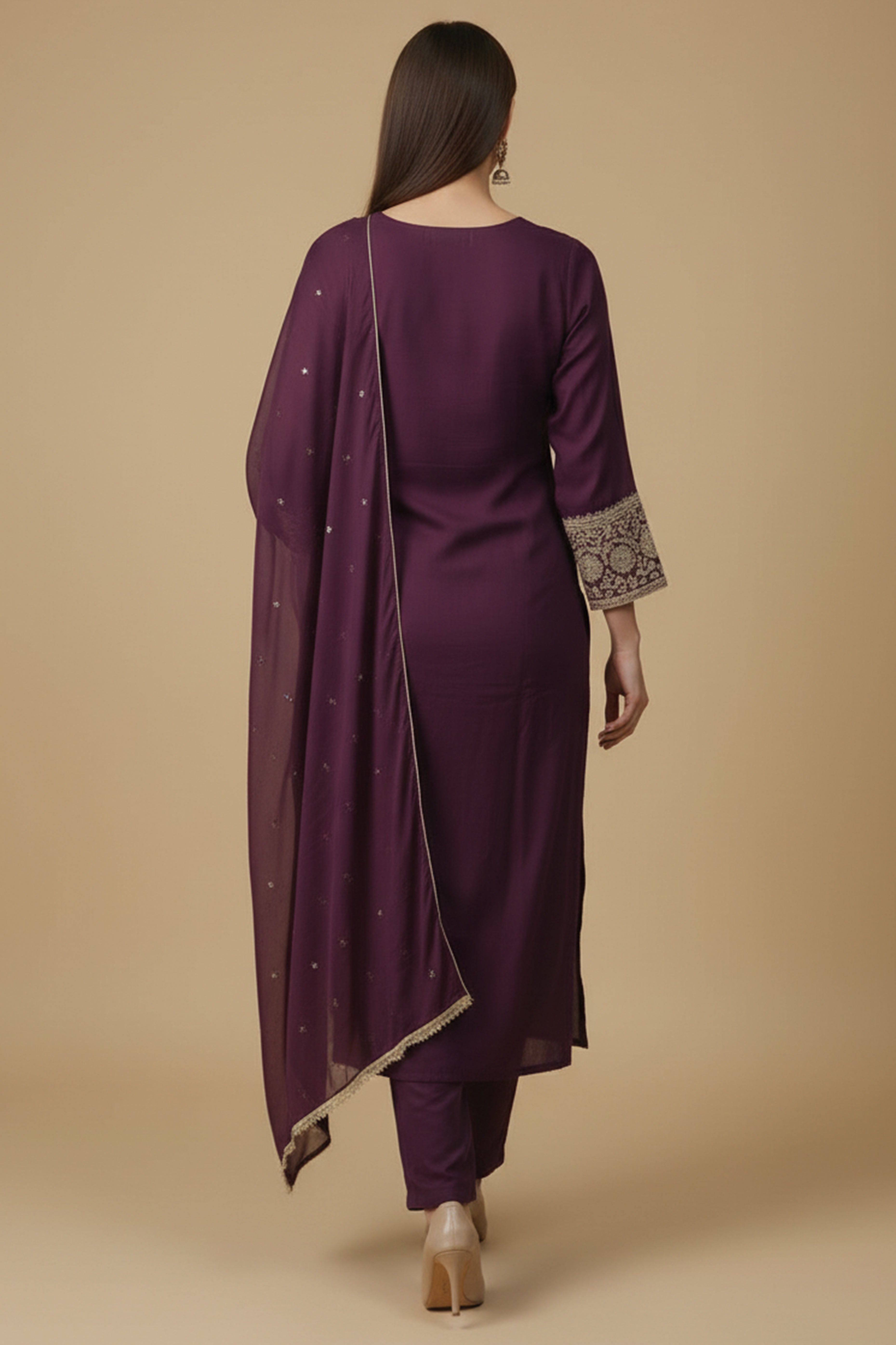 Wine Thread Embroidered Designer Chinon A-Line Salwar Suit