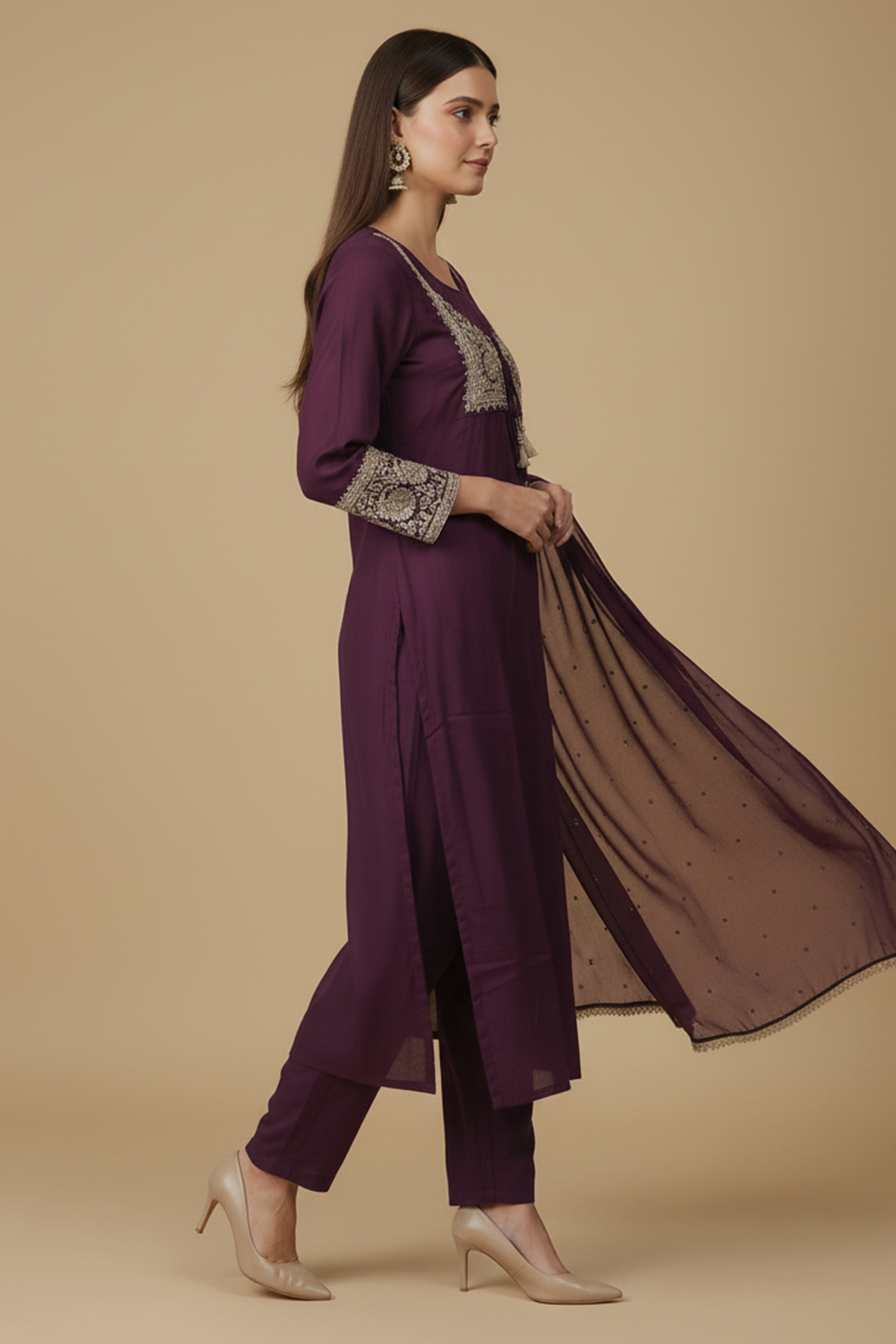 Wine Thread Embroidered Designer Chinon A-Line Salwar Suit