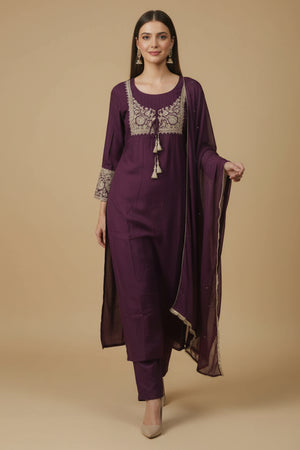 Wine Thread Embroidered Designer Chinon A-Line Salwar Suit