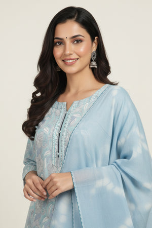 Powder Blue Floral Printed Pure Cotton Straight Salwar Suit for Elegant Day Wear