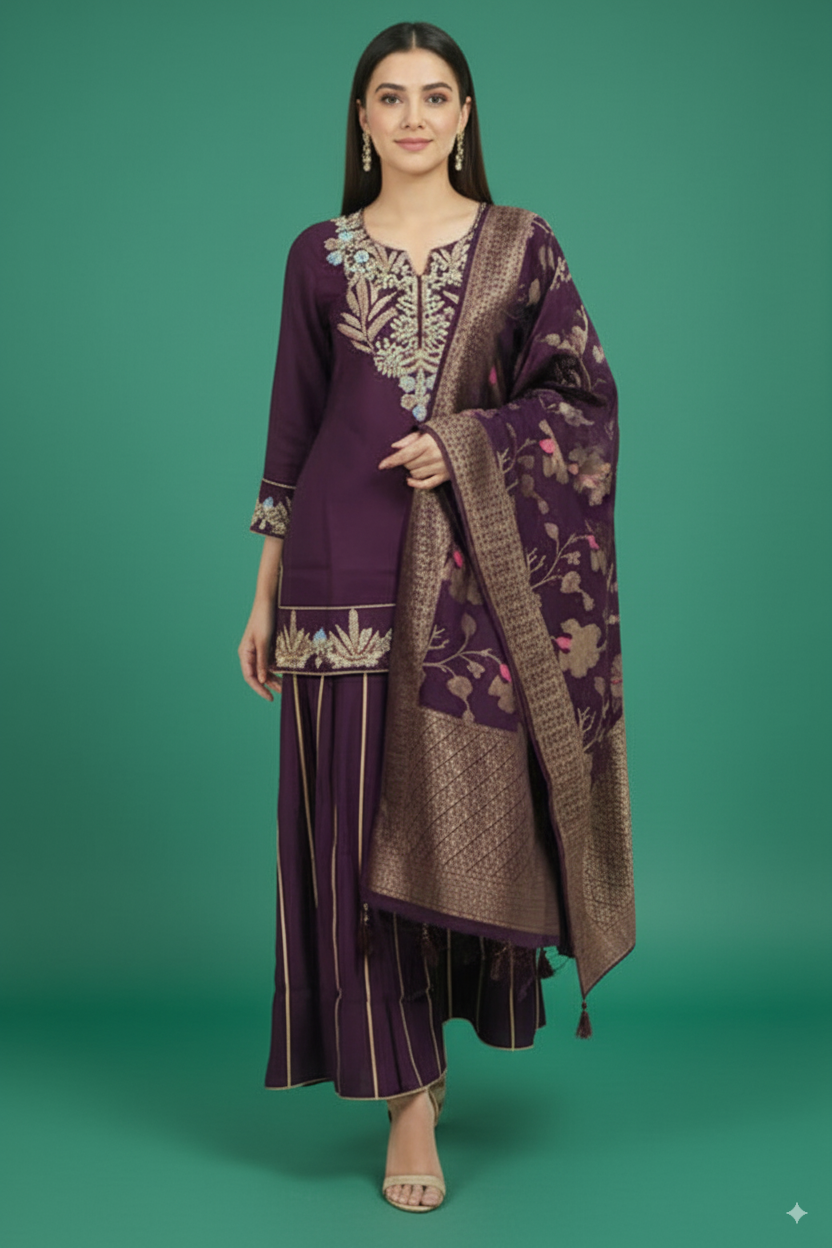 Wine Twill Satin Sharara Suit with Intricate Hand Embroidery