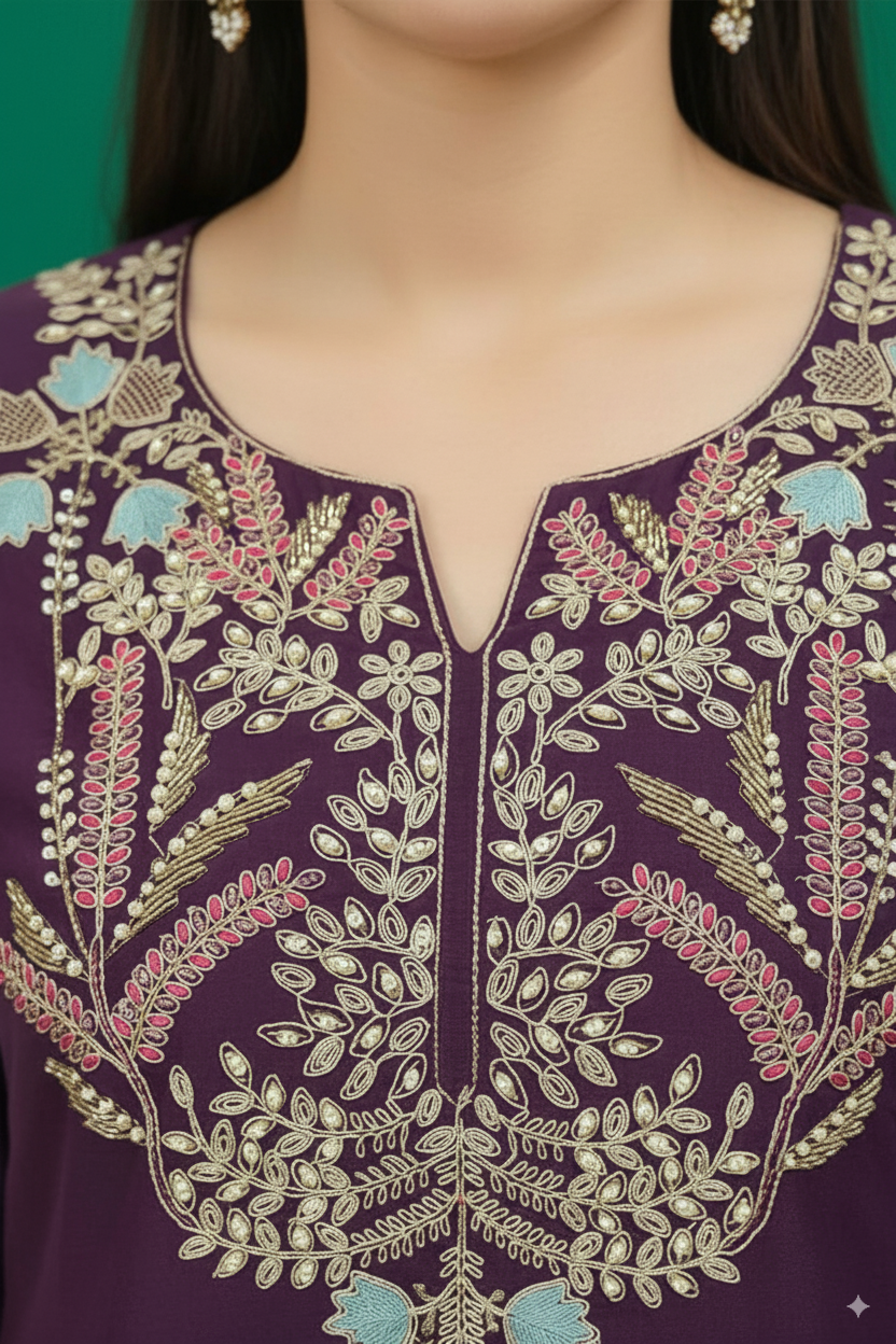 Wine Twill Satin Sharara Suit with Intricate Hand Embroidery