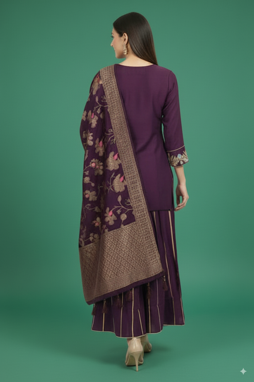 Wine Twill Satin Sharara Suit with Intricate Hand Embroidery