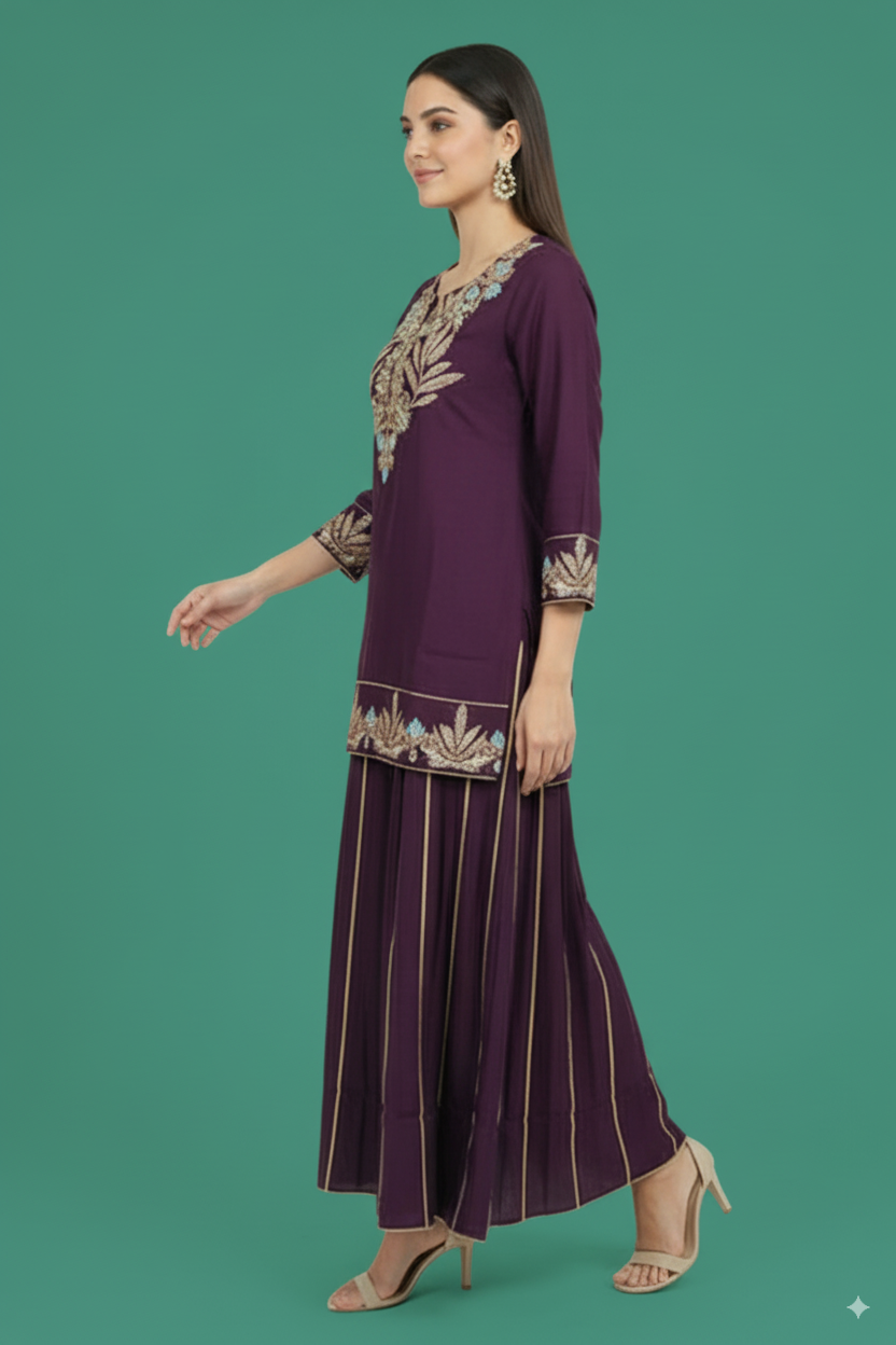 Wine Twill Satin Sharara Suit with Intricate Hand Embroidery