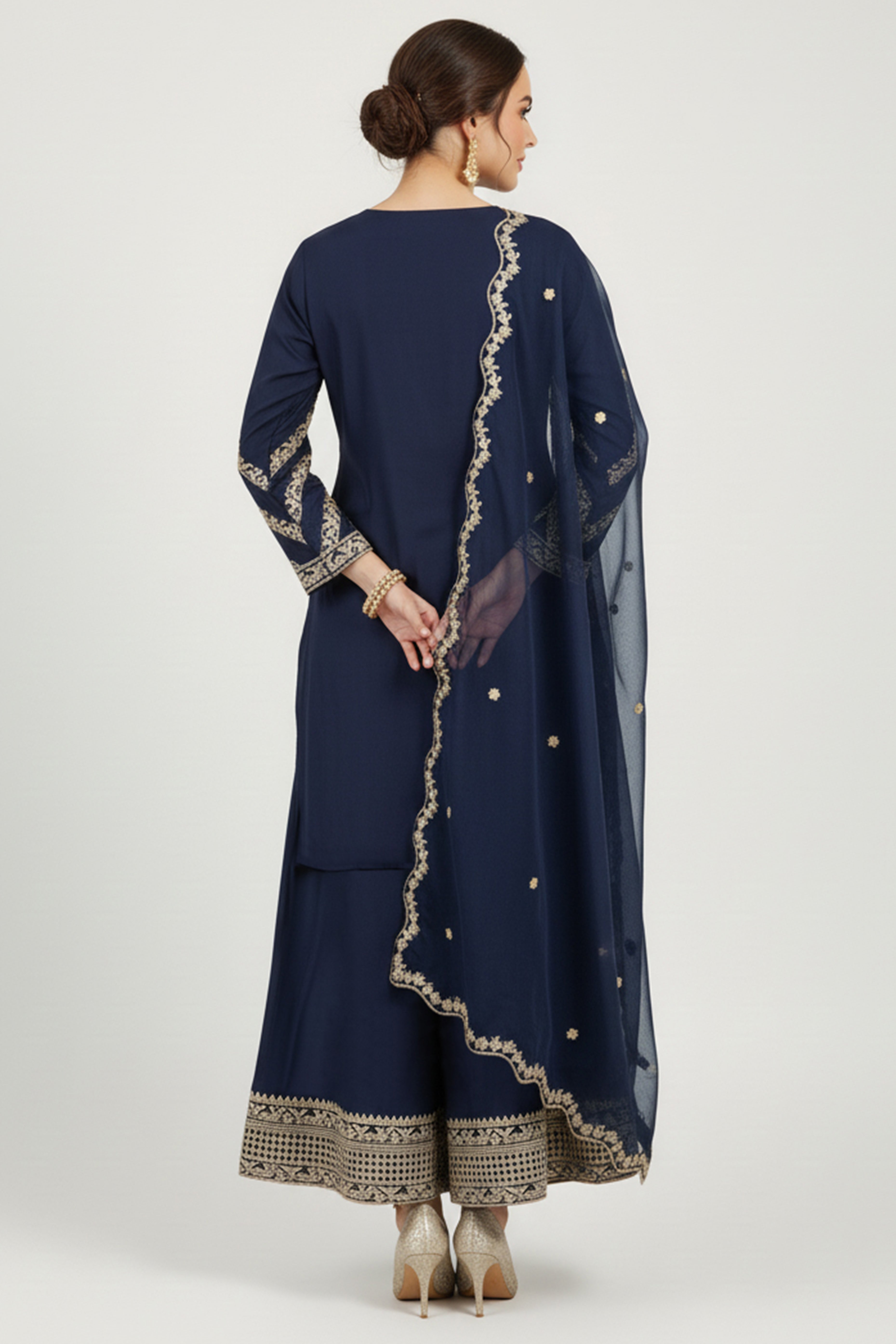 Sophisticated Navy Blue Viscose Palazzo Suit With Glittering Floral Sequin Embroidery