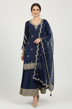 Sophisticated Navy Blue Viscose Palazzo Suit With Glittering Floral Sequin Embroidery