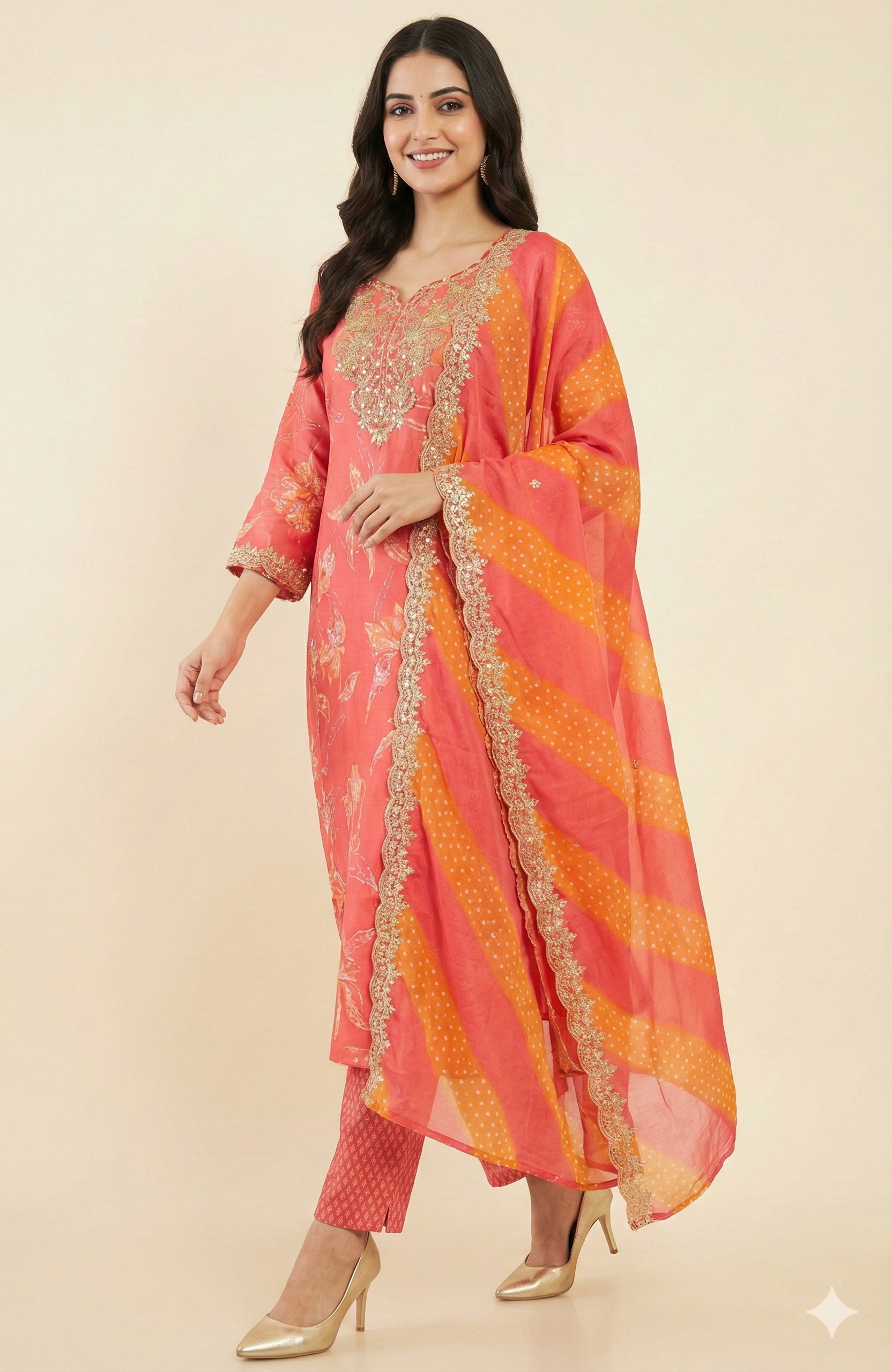 Red Muslin Straight Salwar Suit Highlighted with Graceful Floral Prints and Handcrafted Beads Work