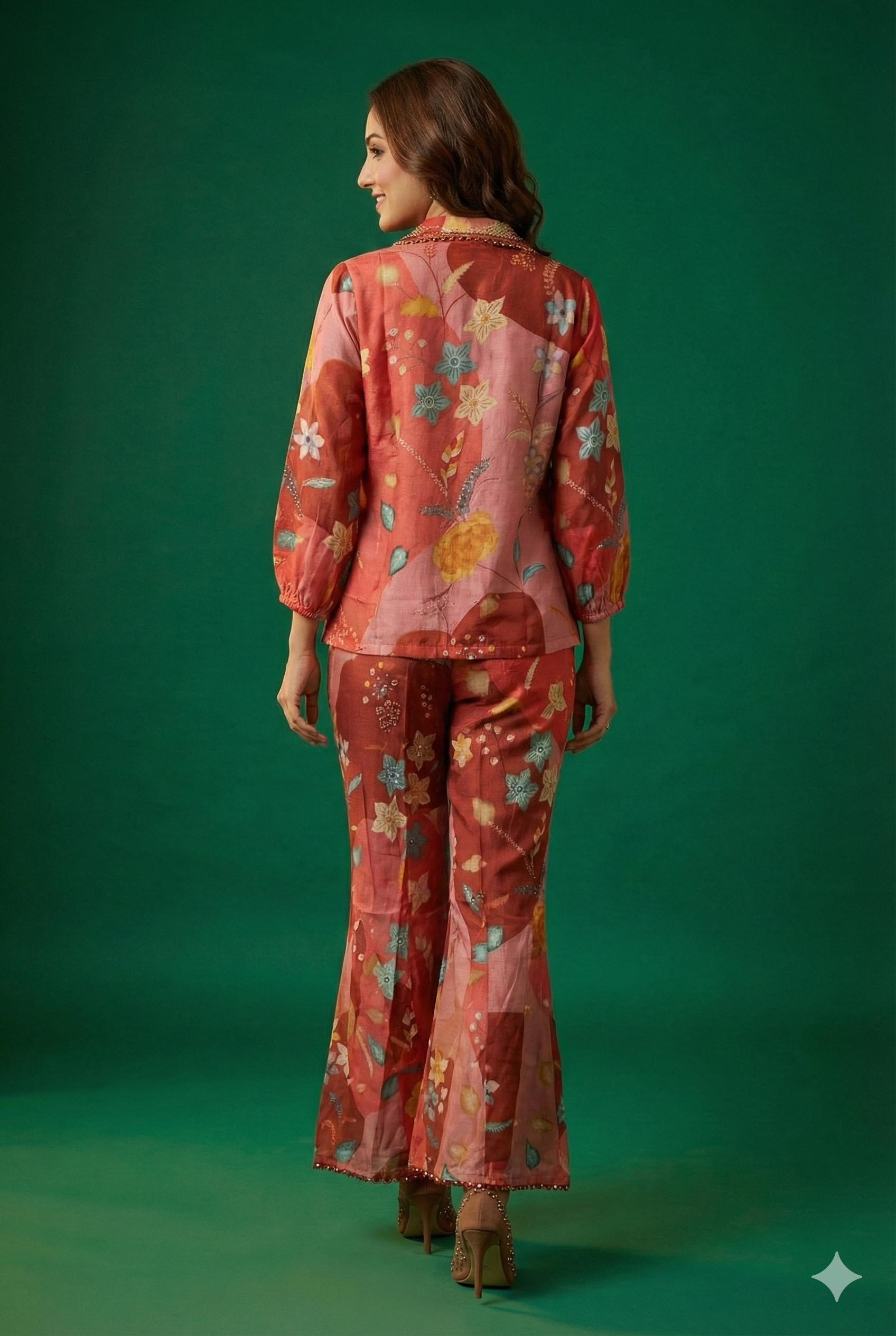 Red Muslin Printed & Embroidered Crop Top Ensemble with Coordinating Shrug and Palazzos